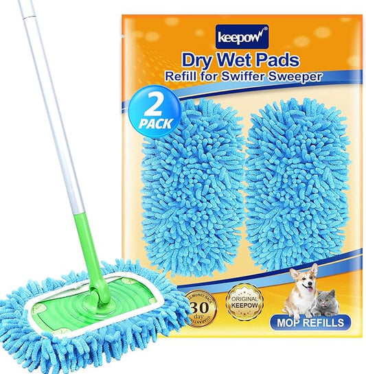 KEEPOW 2+6 Pack Reusable Wet Pads Refills Compatible with Swiffer Sweeper Mop, Microfiber Wet Mopping Cloths for Hardwood Surface Floor Cleaning, Washable Mop Pads & Dry Sweeping Cloths