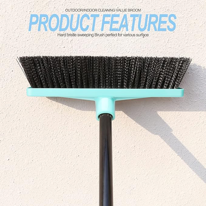 Push Broom Stiff Bristles Outdoor Broom with 51" Long Handle for Cleaning Scrubbing Deck Driveway Yard Patio Garage Concrete Wood Stone Tile Multi-Surface Floor