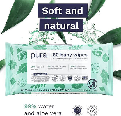 Pura Baby Wipes 3 x 60 per pack (180 Wipes) 100% Plastic-Free & Plant Based Wipes, 99% Water, Suitable for Sensitive & Eczema-prone Skin, Fragrance Free & Hypoallergenic, EWG, Cruelty Free (Pack of 2)