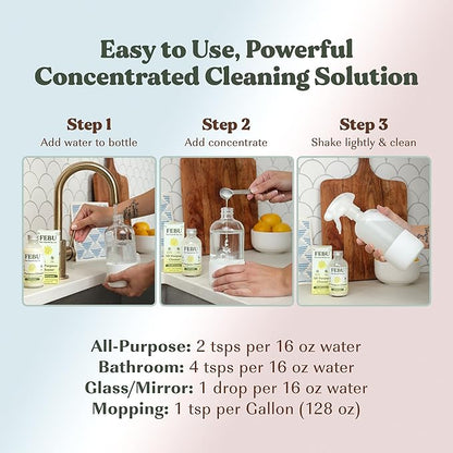 FEBU All Purpose Cleaner, Fresh Lemon, 4oz | Powerful Natural Cleaner Concentrate With Essential Oils | Makes 192 Fl Oz of Multipurpose Spray | Plant-Based, Human Safe Ingredients | Plastic Free
