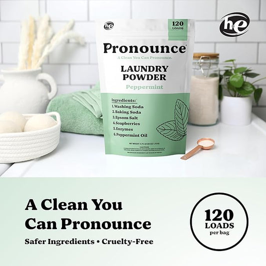 Pronounce Laundry Detergent Powder Alternative | Non-Toxic, Eco-Friendly, Natural for Sensitive Skin, Eczema, and Babies. Stain + Smell Fighting. HE Safe (Peppermint, 120 Loads)