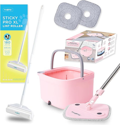 True & Tidy® True Clean Mop and Bucket System, Includes Square Spin, Dual Compartment Mop Bucket and 2 Thick Machine Washable Pads New Upgraded with Side Brush with StickyPro XL Lint Roller