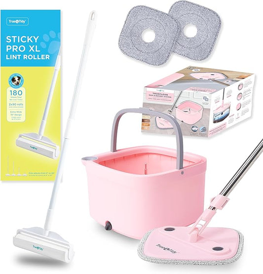 True & Tidy® True Clean Mop and Bucket System, Includes Square Spin, Dual Compartment Mop Bucket and 2 Thick Machine Washable Pads New Upgraded with Side Brush with StickyPro XL Lint Roller