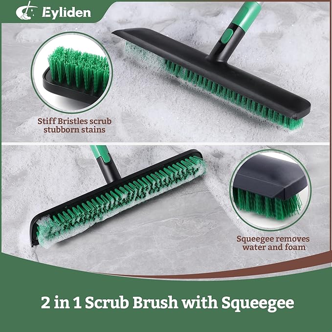 Eyliden Floor Scrub Brush with Long Handle, 15" Extra Wide Head - 30% Faster Cleaning, 2 in 1 Scrape Brushes Stiff Bristle Shower Scrubber for Deck Kitchen Bathroom Tub Patio Tile Wall