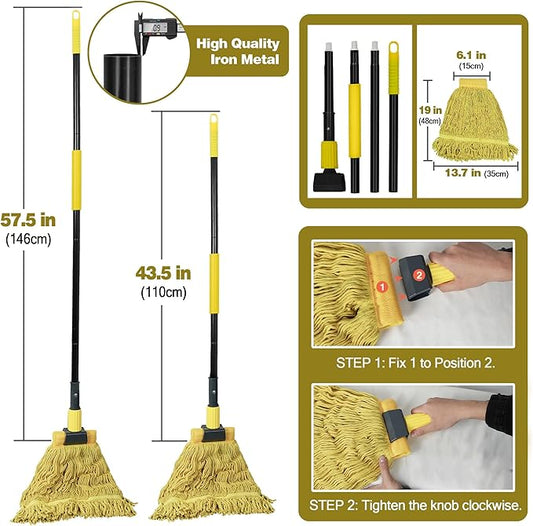 JEHONN Commercial Mop Heavy Duty Industrial String Mops with 57.5 inches Long Handle, Professional Dry Wet Cotton Mop for Cleaning Hardwood Floor Concrete Tile Home Kitchen Office Garage (Yellow)