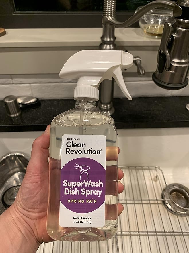 Clean Revolution SuperWash Dish Soap Starter Kit, Includes Three 18-Ounce Bottles + One Trigger Sprayer, Compatible with Dawn Powerwash Sprayers, Spring Rain Fragrance, Clear, 54 Fl Oz Total