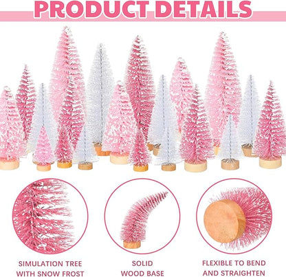 Leyndo 48 Pcs Pink Artificial Mini Christmas Tree Xmas Sisal Bottle Brush Trees with Wood Base Christmas Decor for Xmas Party Table Top Winter Ornaments Home Kitchen Crafts