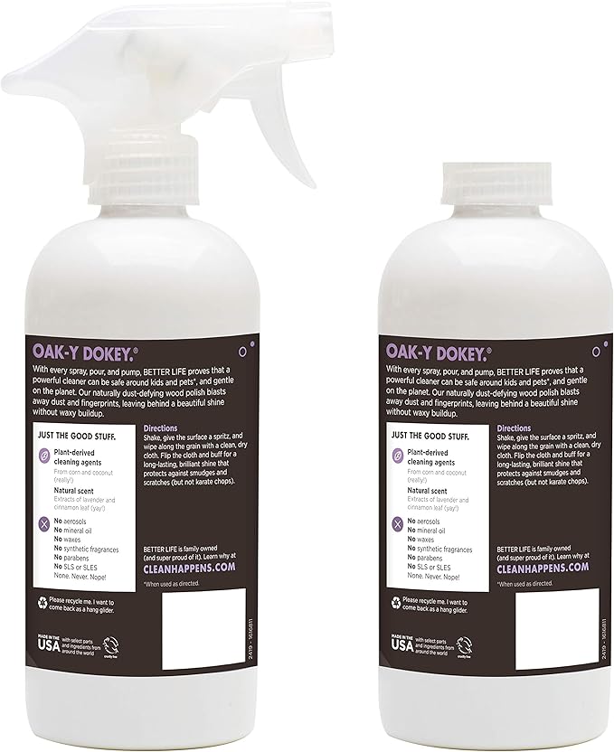BETTER LIFE Wood Furniture Polish - Wood Cleaner & Dusting Spray for Tables, Banisters or Floor - Great Wood Seasoning for Old Wooden Cabinet, Antique Restorer - 16oz (2Pack) Cinnamon & Lavender