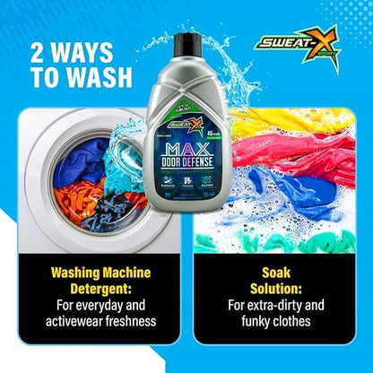 Sweat X Original Max Odor Defense Laundry Detergent – Remove the Worst Odors & Toughest Stains – High Performance Sports Wash for Training Gear & All Fabric Types – 45 Loads – 2 Pack