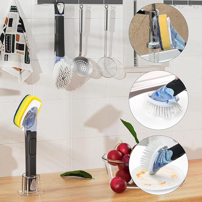 RIMAY Dish Brush with Soap Dispenser Storage Set with 2 PCS Brush Refills & Holder, Dish Scrubber with Soap Dispenser, Dish Soap Brush, Dish Wand with Soap Dispenser for Dishes, Pans, Sink, Pots