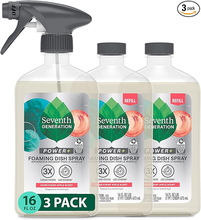 Seventh Generation Foaming Dish Spray, Honey Crisp Apple 16 Fl Oz (Pack of 3), Refill Pack of 3 with 1 Sprayhead