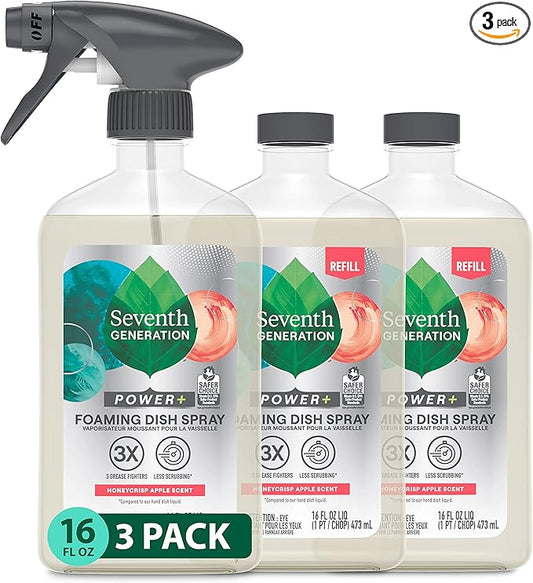 Seventh Generation Foaming Dish Spray, Honey Crisp Apple 16 Fl Oz (Pack of 3), Refill Pack of 3 with 1 Sprayhead