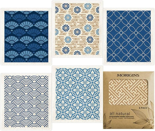 Morigins Wholesale Swedish Dish Cloths - 6 Pack Reusable Compostable Kitchen Cloth,Cellulose Sponge Dish Cloths Dish Towel Set (Japanese)