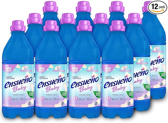 Ensueño Baby Hypoallergenic Liquid Fabric Softener - Baby Powder Scent - (12 Pack) 22 fl oz - Plant-Based Fabric Softener - Softens 156 Loads - Color-Fading Protection