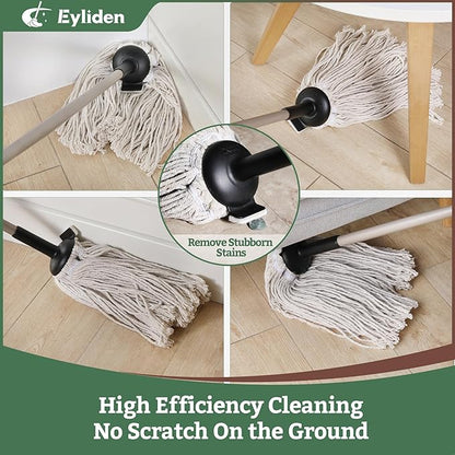 Eyliden String Mop with 2 Reusable Mop Heads, Non-Touch Replacement, Adjustable Cotton Mops for Floor Cleaning, No-Scratch Absorbent Classic Mop for Tile Concrete Wood Floor Kitchen Bathroom