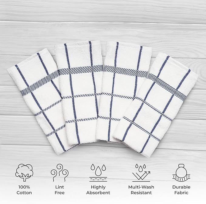 100% Cotton Terry Dish Towels, 4 Pack Checks, 16 x26 Inches, Super Soft and Absorbent Kitchen Towels, Perfect for Kitchen Cleaning and Dish Washing | Navy Blue