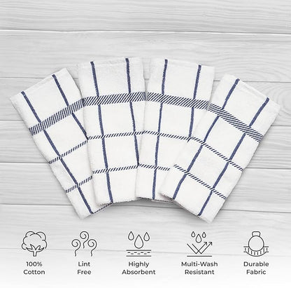 100% Cotton Terry Dish Towels, 4 Pack Checks, 16 x26 Inches, Super Soft and Absorbent Kitchen Towels, Perfect for Kitchen Cleaning and Dish Washing | Navy Blue