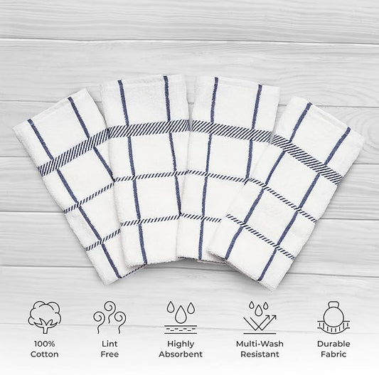 100% Cotton Terry Dish Towels, 4 Pack Checks, 16 x26 Inches, Super Soft and Absorbent Kitchen Towels, Perfect for Kitchen Cleaning and Dish Washing | Navy Blue