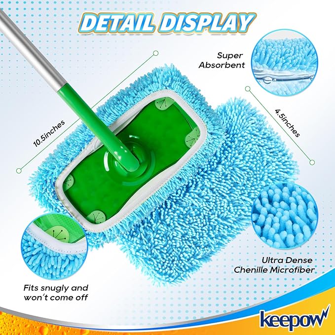 KEEPOW Dry Sweeping Cloths Microfiber Wet Mop Pads Refill Compatible with Swiffer Sweeper Mop Replacement Sweeping Mopping Pad Refills for Hardwood Surface Floor Cleaning, 5 PCS