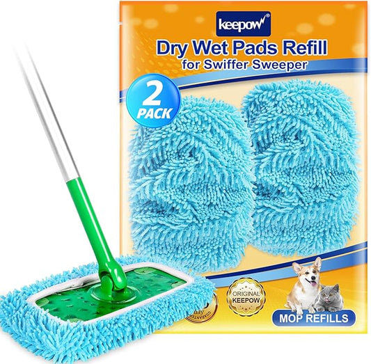 KEEPOW Reusable Dry Sweeping Cloths Microfiber Wet Pads Compatible with Swiffer Sweeper Mop and Sweep & Mop Deluxe, Replacement Mopping Pad Refills for Hardwood Floor Cleaning (2 Pack)