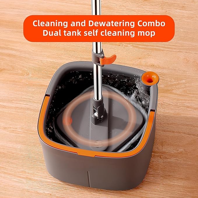 KZKR Spin Mop and Bucket Set with 4 Replaceable Microfiber Mop Pads with Self Separation Dirty and Clean Water System, Self Wringing 360° Rotating Square Mop Head for Hardwood Tile Marble Floors