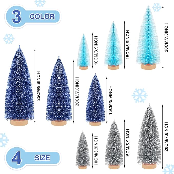 Leyndo 9 Pcs Blue Color Mini Sisal Bottle Brush Trees Small Artificial Christmas Tree with Wood Base Christmas Pine Decor for Winter Home Table Party Decor