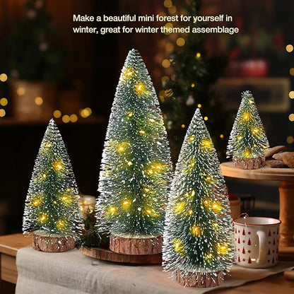 4PCS Mini Christmas Tree with Lights, Bottle Brush Trees, Christmas Table Decorations, Small Christmas Village Trees for Xmas Holiday Party Home Craft (Lighted)