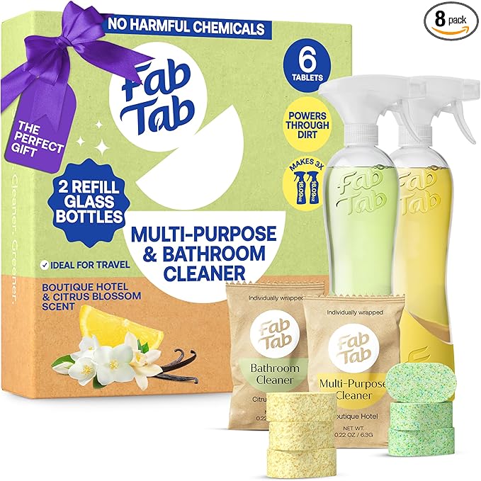 Tablet Cleaner, Multi-Purpose & Bathrom Cleaner for Eco-Concious Cleaning, Non Harmful & Chemical-Free Formula, Convenient Refills with 2 Glass Bottles, Luxury Hotel Scent (6 Refill Tablets)