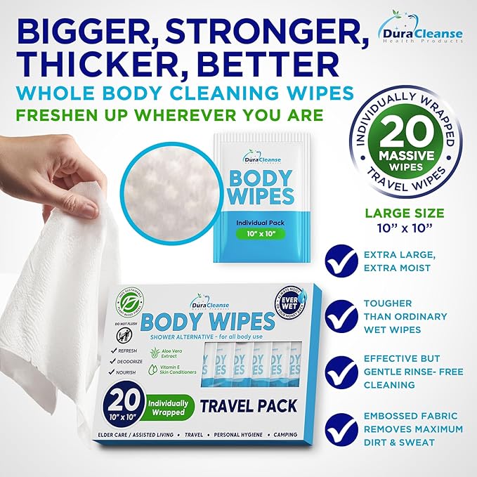 Body Wipes for Adults Bathing No Rinse - 20 Count Travel Shower Wipes - 9" x 12" Individually Wrapped Thick Cleansing Waterless Wash Scrubs - Disposable Washcloths for Camping & Elderly Incontinence