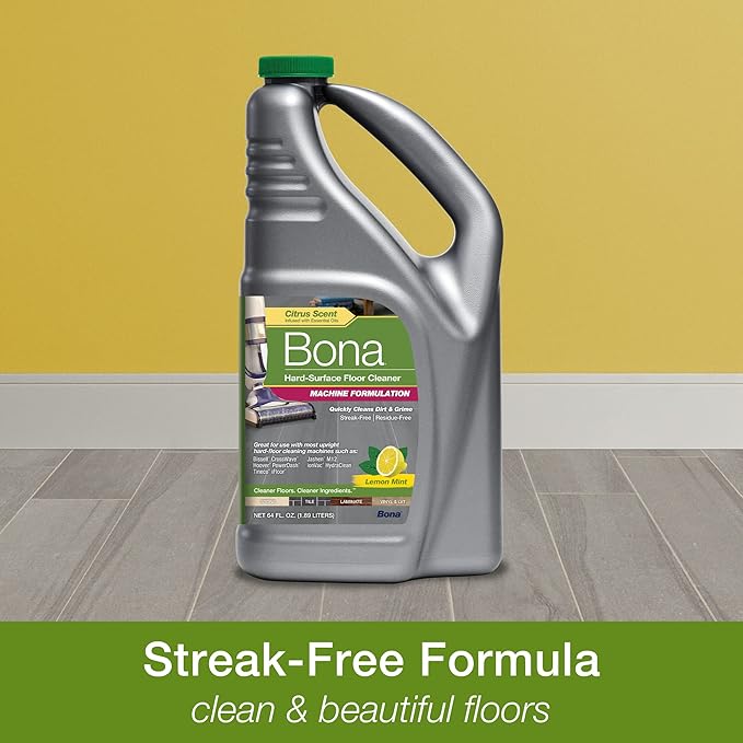 Bona Multi-Surface Cleaning Machine Formulation, Multi-Surface Floor Cleaner Concentrate Refill, for Stone Tile Laminate and Vinyl LVT/LVP, Lemon Mint Scent, 64 Fl Oz