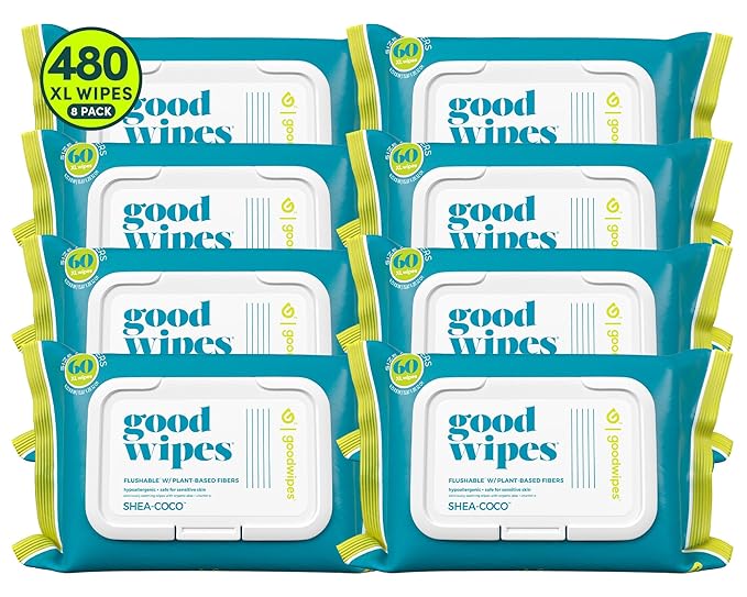 Goodwipes Flushable Butt Wipes Made with Vitamin E & Aloe - Soft & Gentle Wet Wipe Dispenser for Home Use, Septic & Sewer Safe - Largest Adult Toilet Towelettes - Shea Coco, 60 Count (Pack of 8)