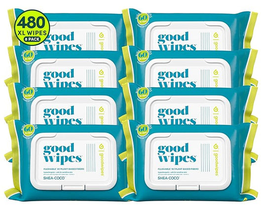 Goodwipes Flushable Butt Wipes Made with Vitamin E & Aloe - Soft & Gentle Wet Wipe Dispenser for Home Use, Septic & Sewer Safe - Largest Adult Toilet Towelettes - Shea Coco, 60 Count (Pack of 8)