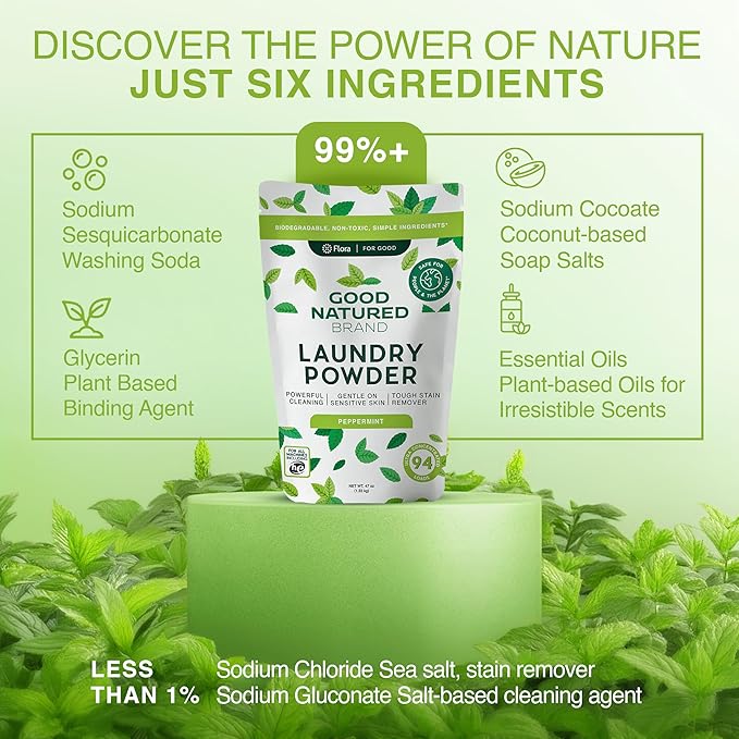 Good Natured Brand | Natural Laundry Detergent Powder | Washing Soda for Laundry | Tough Stain Remover | Hypoallergenic, Safe for Sensitive Skin | Eco-friendly | Peppermint | 94 oz 188 Loads