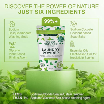 Good Natured Brand | Natural Laundry Detergent Powder | Washing Soda for Laundry | Tough Stain Remover | Hypoallergenic, Safe for Sensitive Skin | Eco-friendly | Peppermint | 94 oz 188 Loads