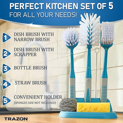 Dish Brush Set of 5 with Convenient Holder, Bottle Water Brush, Dish Scrub Brush, Scrubber Brush and Straw Brush - Kitchen Scrub Brushes Non Slip Long Handle for Sink Dishes Cup Pot