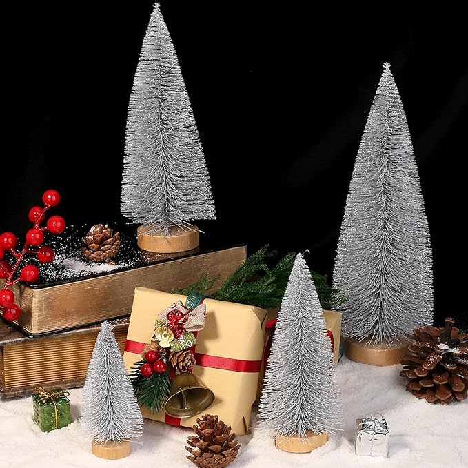 SITUMEIZI Silver Bottle Brush Christmas Trees - Small Xmas Tree Gifts 4 Pc Mini Bottle Brush Tree for Christmas Decorations