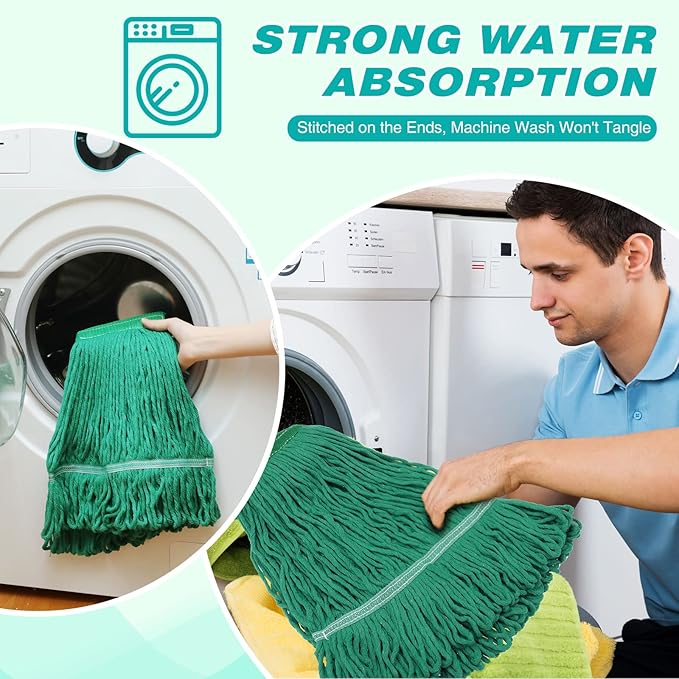 Roshtia 16 Pack Commercial Mop Head Replacements Looped End Wet Heavy Duty Mop Heads Cotton String Mops Industrial Cleaning Refills for Commercial Industrial Home(Green)