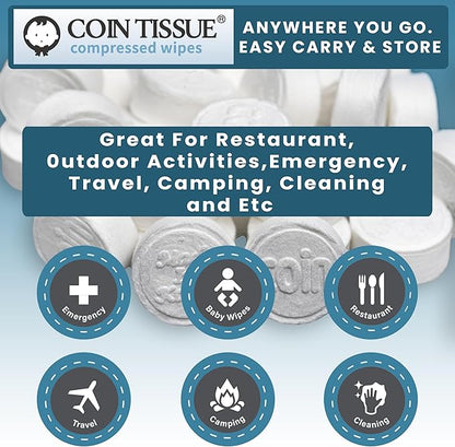 Coin Tissues | Compressed Towels | Camping Wipes | Toilet Paper Tablets | 500 Bulk Pack | For Home, Beauty and Outdoors | Larger, Stronger, Softer & Odor Free | Includes FREE Carrying Case