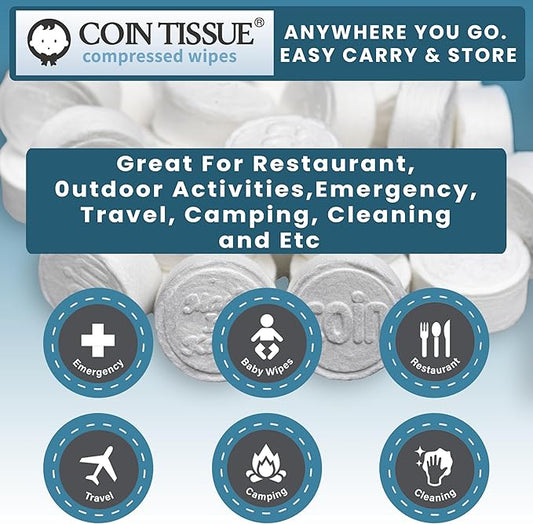 Coin Tissues | Compressed Towels | Camping Wipes | Toilet Paper Tablets | 500 Bulk Pack | For Home, Beauty and Outdoors | Larger, Stronger, Softer & Odor Free | Includes FREE Carrying Case