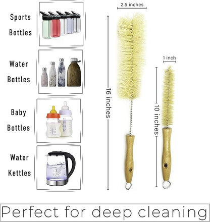 All Natural Bottle Brush and Straw Set (NO Plastic) Sisal Bristles and Wood Handle Bottle Cleaners for Washing Narrow Beer Bottles, Sports/Water Bottles, Tumbler, Kettles, Lid Brush, Long Straw Brush