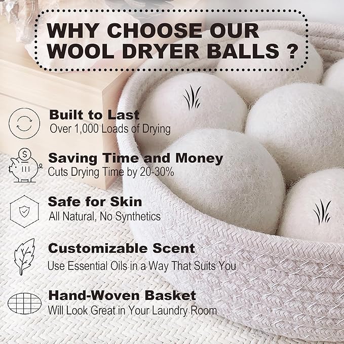 Luxury Natural Wool Dryer Balls, 7-Pack, Save Drying Time and Reduces Clothing Wrinkles, Reusable, Fabric Softener for Laundry, Includes Basket for Easy Access and Aesthetic Laundry Room Decor