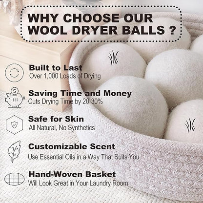 Luxury Natural Wool Dryer Balls, 7-Pack, Save Drying Time and Reduces Clothing Wrinkles, Reusable, Fabric Softener for Laundry, Includes Basket for Easy Access and Aesthetic Laundry Room Decor