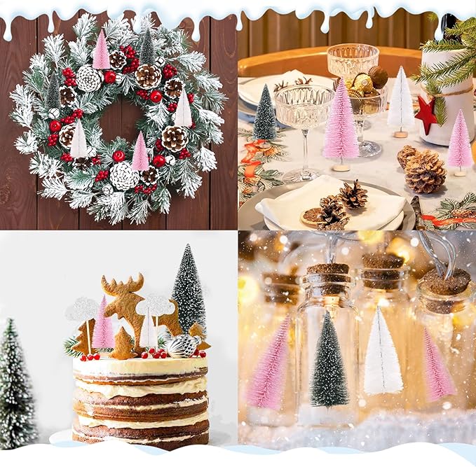 Waipfaru Pink Christmas Decorations, Mini Bottle Brush Christmas Trees, 21 Pcs Miniature Small Pine Trees for Xmas Tabletop Crafts Indoor Table Home Decor (Pink & White)