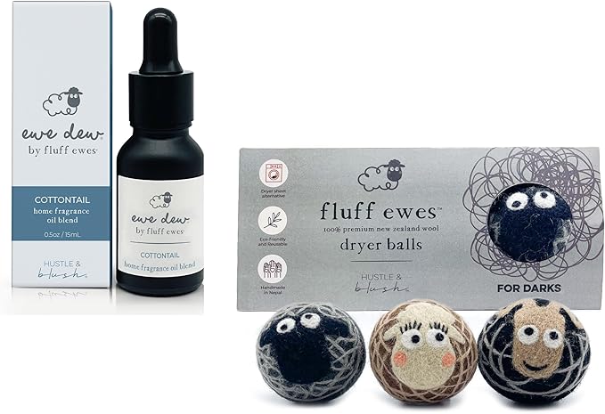 Fluff Ewes Premium Handmade New Zealand Reusable Wool Dryer Balls for Laundry & Baby + Ewe Dew Home Fragrance Aromatherapy Dryer Ball Essential Oil Blend, 2 Pack, Darks + Cottontail 0.5oz