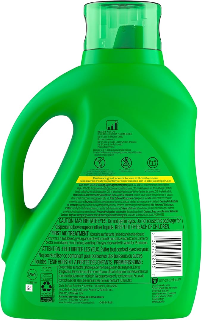 Gain + Odor Defense Liquid Laundry Detergent, Super Fresh Blast Scent, 113 Oz, 78 Loads, HE Compatible