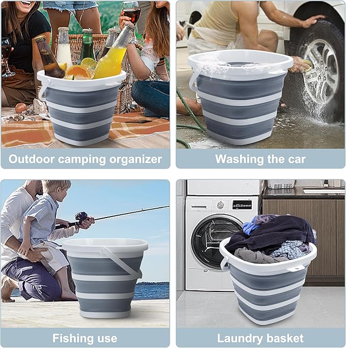 Collapsible Bucket Mop Bucket 2.6 Gallon(10L) for House Cleaning, Travel, and More - Lightweight, Foldable, and Portable for Outdoor Adventures(1,Grey-Square)