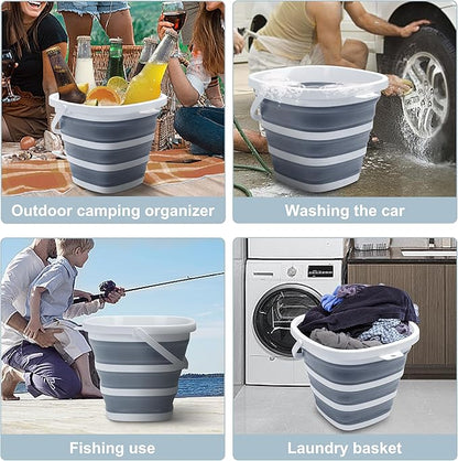 Collapsible Bucket Mop Bucket 2.6 Gallon(10L) for House Cleaning, Travel, and More - Lightweight, Foldable, and Portable for Outdoor Adventures(1,Grey-Square)