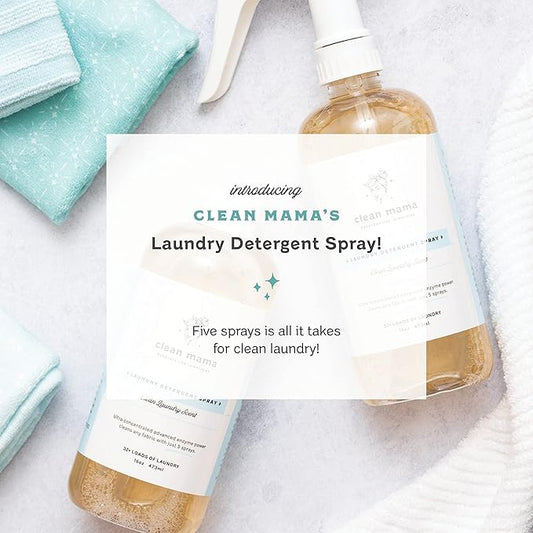 Clean Mama Laundry Detergent Spray & Pre-Treater - Natural Laundry Detergent Soap for Sensitive Skin - Eco-Friendly, HE Compatible - Clean Laundry Scent - 64+ Loads of Laundry, Starter + Refill, 16 oz