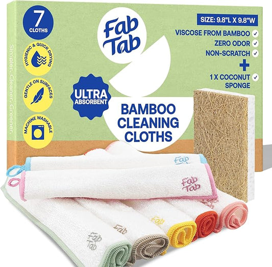 FABTAB High-Performance Bamboo Cleaning Cloths - 7 Pack Reusable & Super Absorbent Towels for Household, Kitchen, and Auto Care | Ideal for Dusting and Vehicle Detailing (Large)