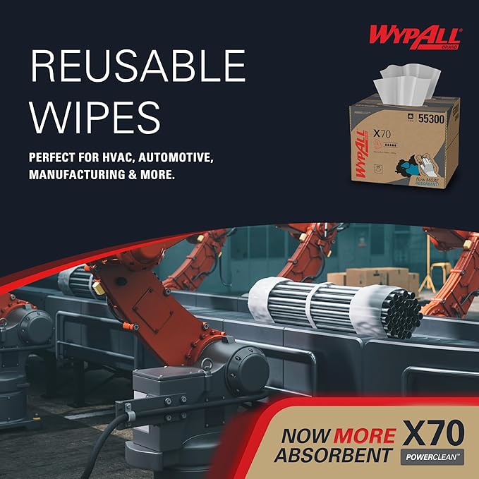 WypAll PowerClean X70 Cloths Medium Duty Wipes (55300), Brag Box, Long Lasting Towels, White (1 Pack of 192 Sheets, 192 Sheet Total)